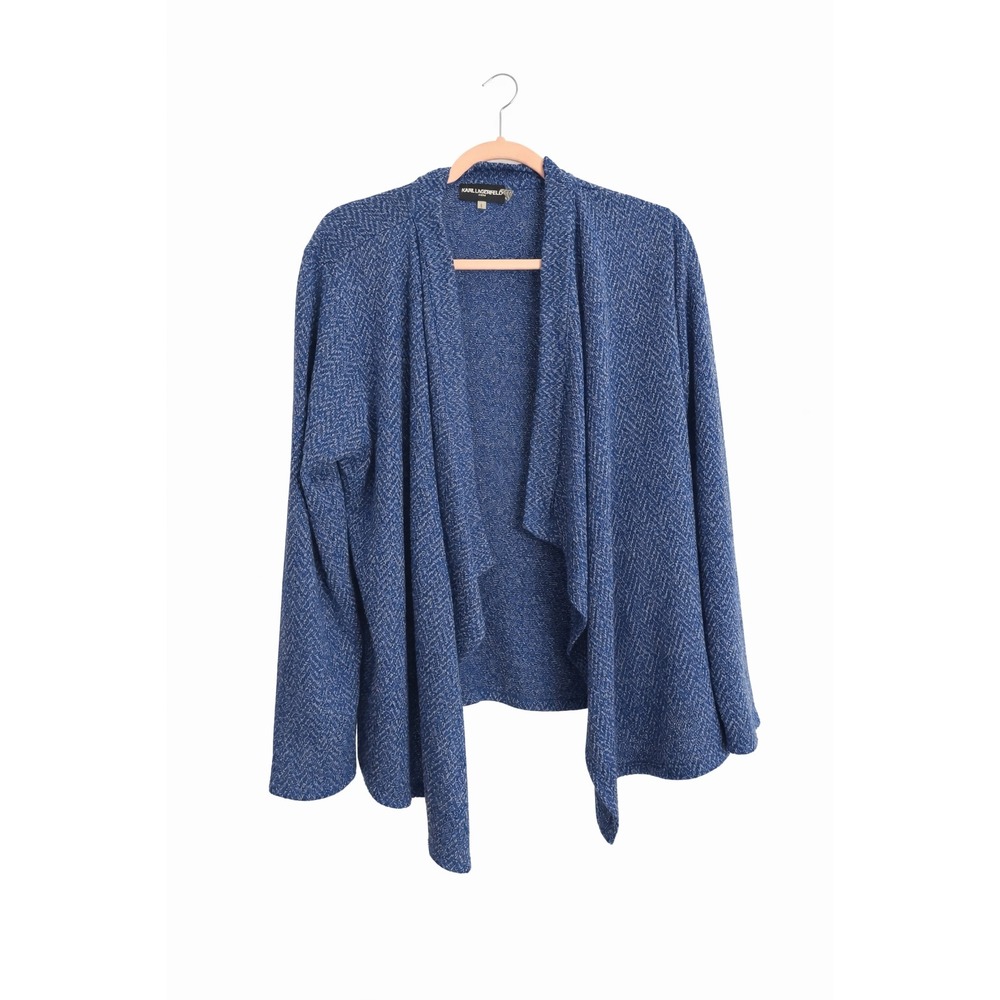 Karl Lagerfeld Blue Tweed Waterfall Open-Front Knit Cardigan | Size Large